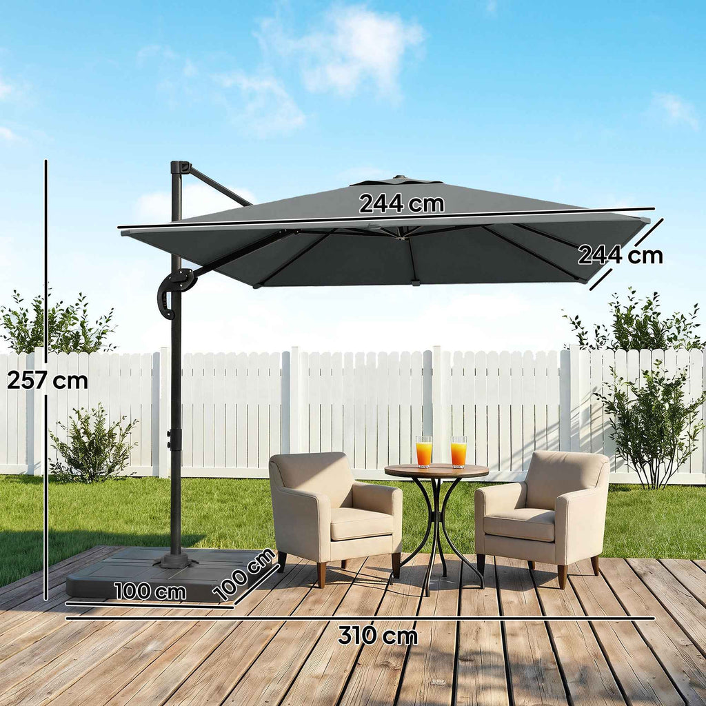 Outsunny 2.4x2.4m Hand Crank Garden Umbrella with Fillable and Rotating Base, Dark Grey