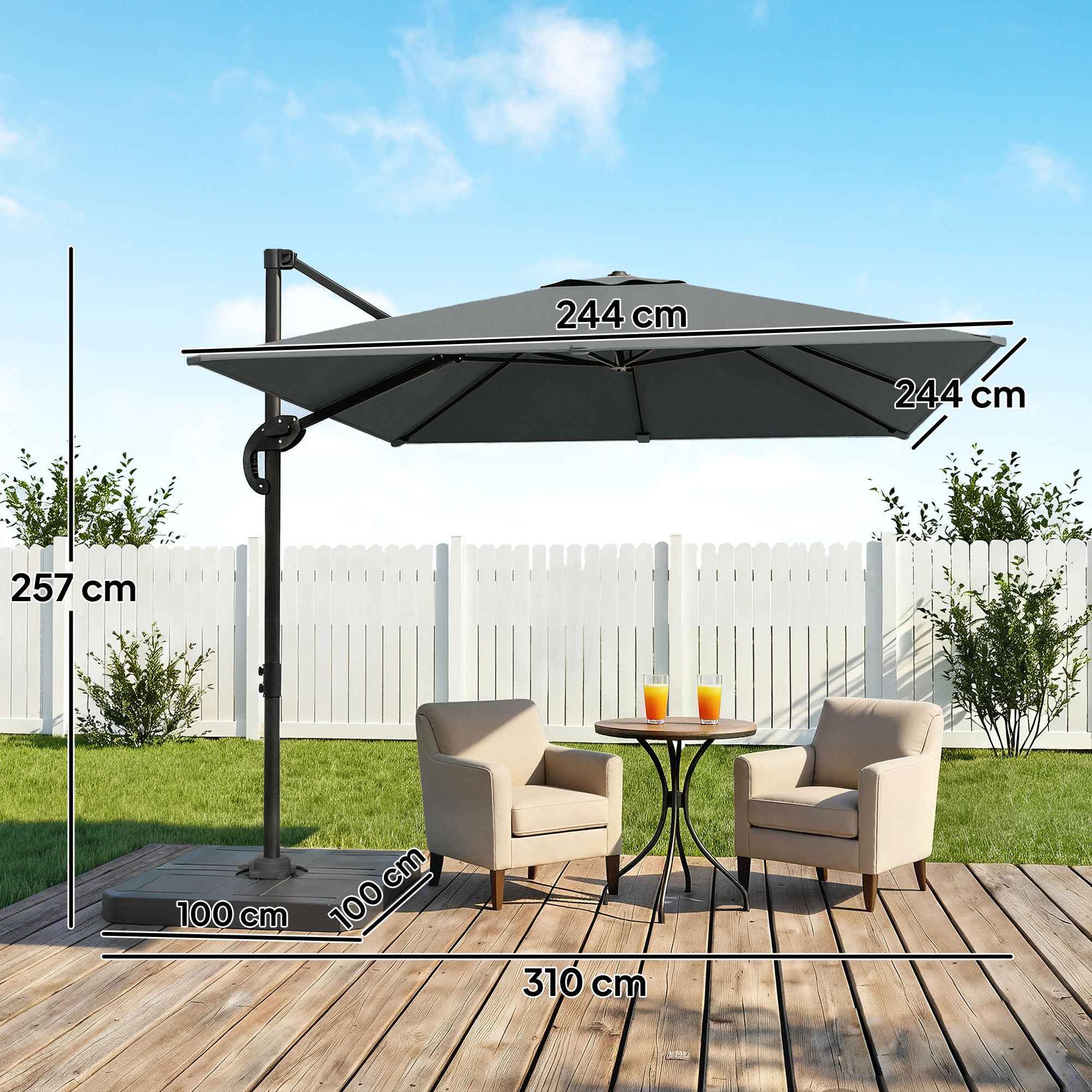Outsunny 2.4x2.4m Hand Crank Garden Umbrella with Fillable and Rotating Base, Dark Grey