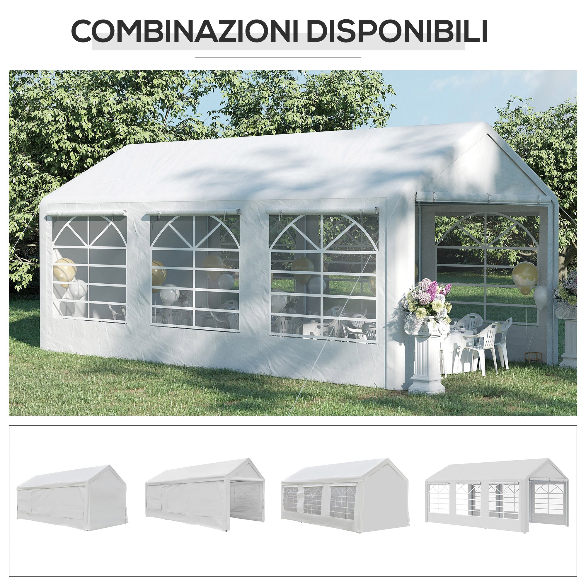 Garden Gazebo 6x3m with Side Windows, 3 Rooms and Hinged Doors, White