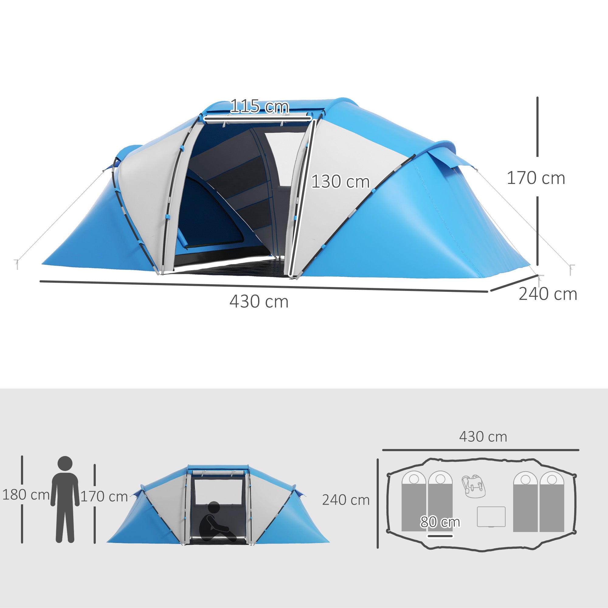 4-Person Camping Tent with 2 Sleeping Areas and Carry Bag, 430×240×170 cm, White and Blue