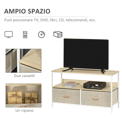 47" TV Stand with Folding Fabric Drawers and Metal and MDF Shelf, 98x29x56cm, Wood Color