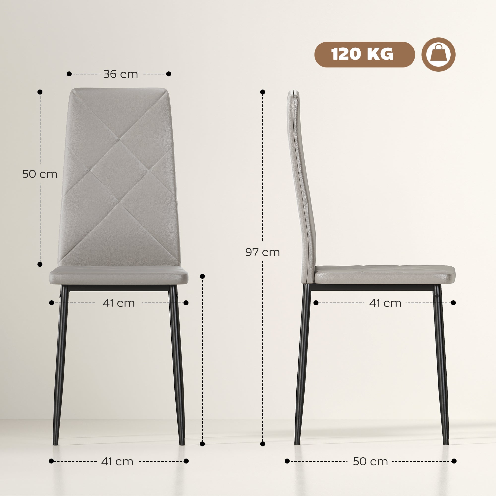 Set of 6 Modern High-Back Dining Chairs in Faux Leather and Steel, 41x50x97 cm, Grey