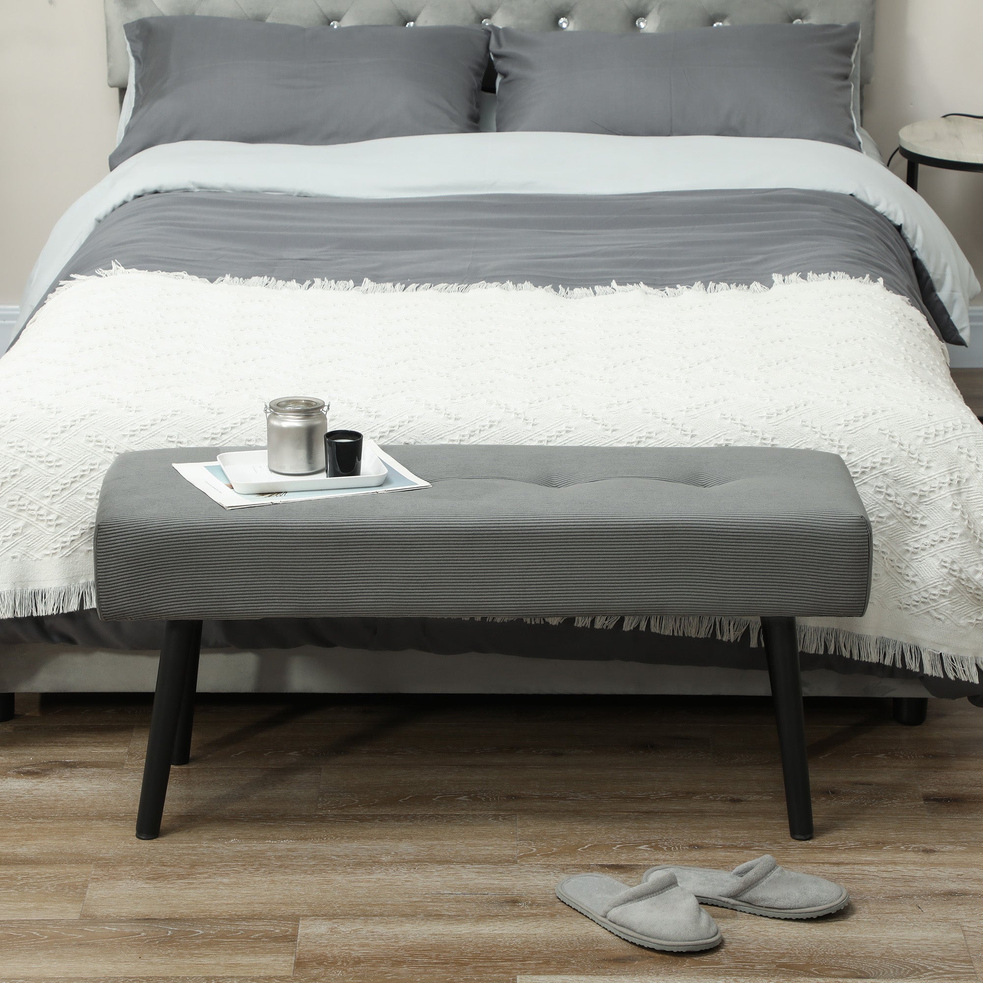 Quilted Bed End Bench in Corduroy Effect Fabric and Steel, 100x36x45 cm, Grey
