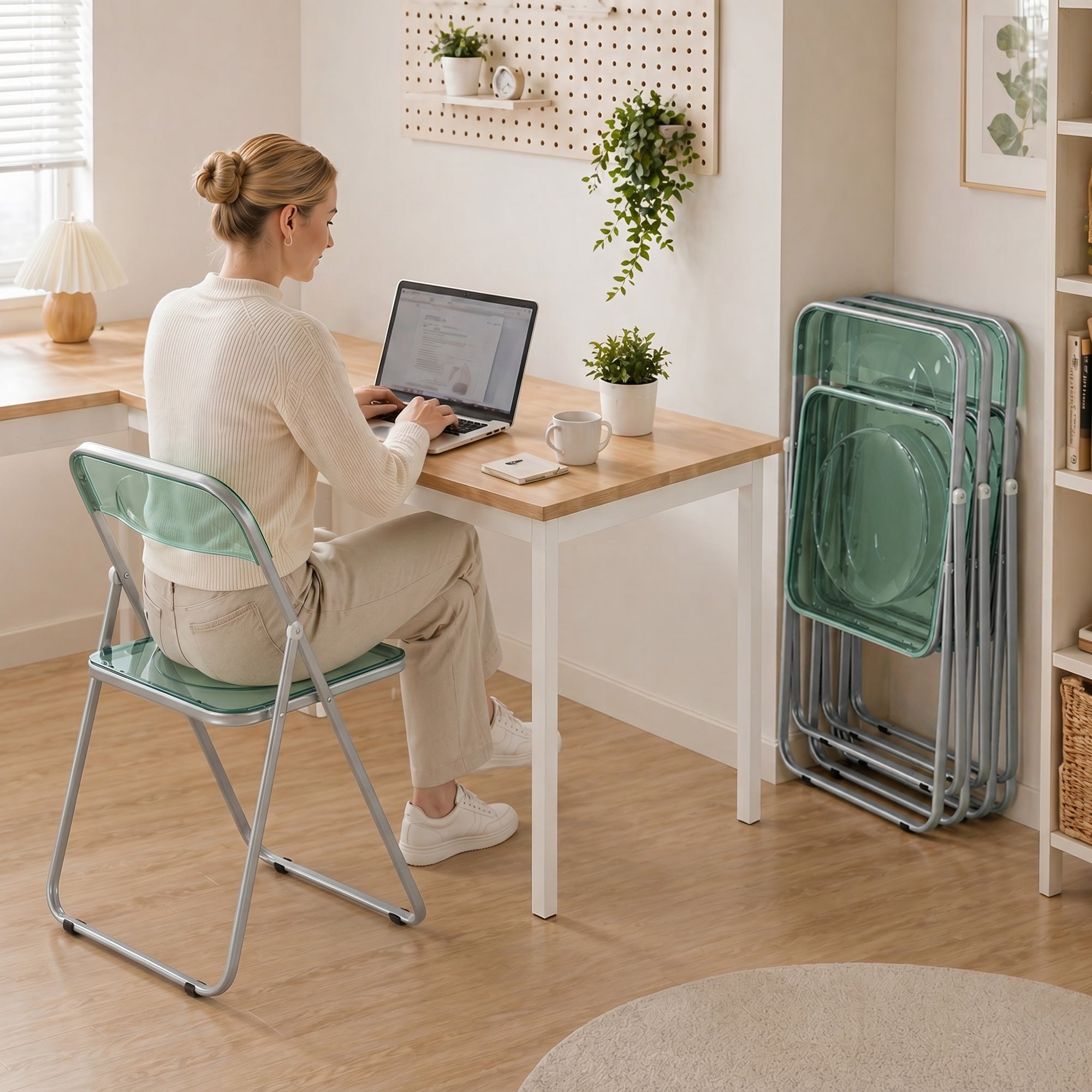 HOMCOM Set of 4 Clear Acrylic Folding Chairs, Green
