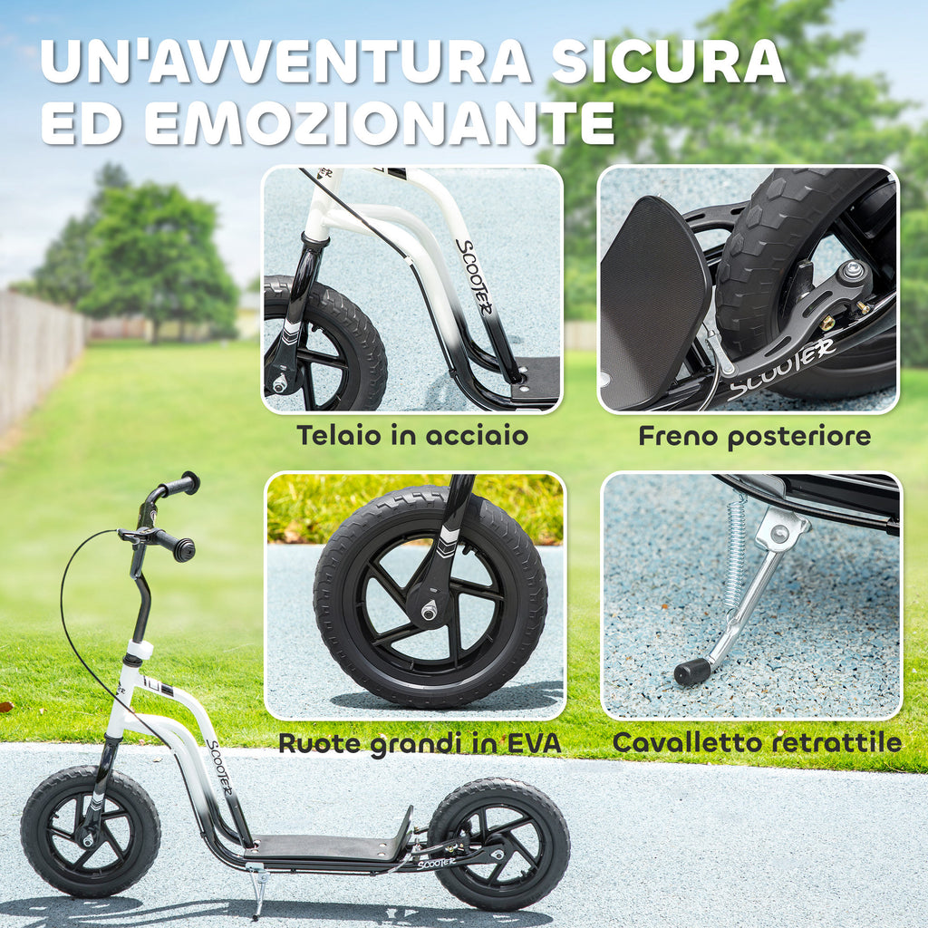 Kids Scooter for 5-12 Years Old with Brake, Kickstand and Adjustable Handlebar, 129x52x80-88 cm, White and Black