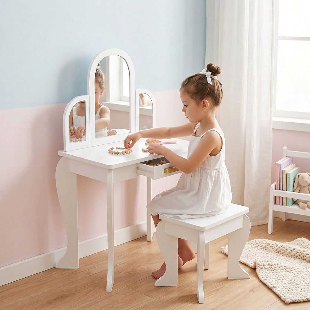 HOMCOM Girls' Dressing Table with Stool, Drawers, and Matching Mirror, White Acrylic, Ages 3-6
