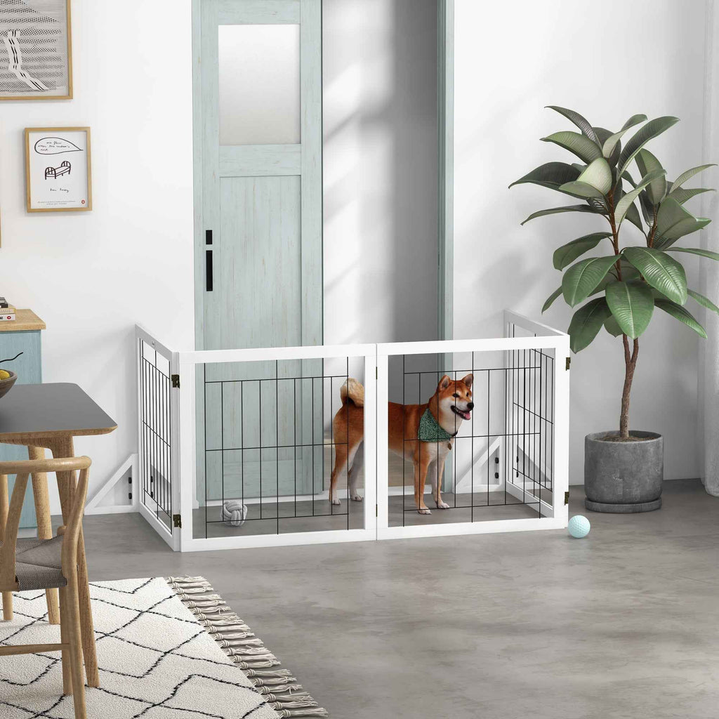 PawHut Folding Dog Gate with 4 Panels and Triangular Feet, 280x70 cm, White