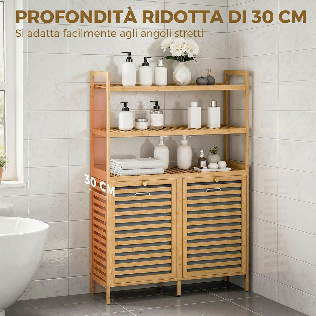 HOMCOM Tiltable Double Laundry Cabinet, Bamboo, 2 Baskets, 3 Shelves, Oak Color
