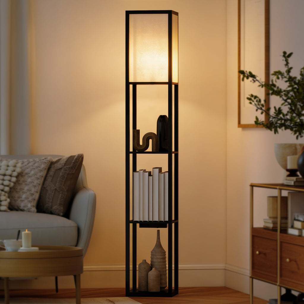 HOMCOM Floor Lamp with Shelves, Dimmable Light, Foot Switch and USB Ports, Black