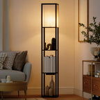 HOMCOM Floor Lamp with Shelves, Dimmable Light, Foot Switch and USB Ports, Black