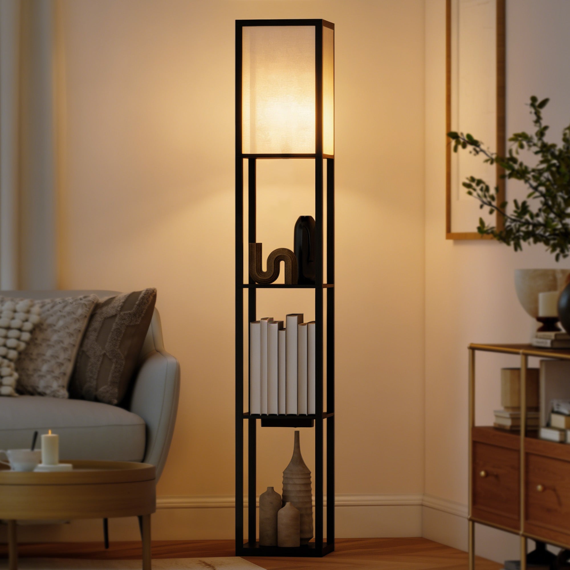 HOMCOM Floor Lamp with Shelves, Dimmable Light, Foot Switch and USB Ports, Black