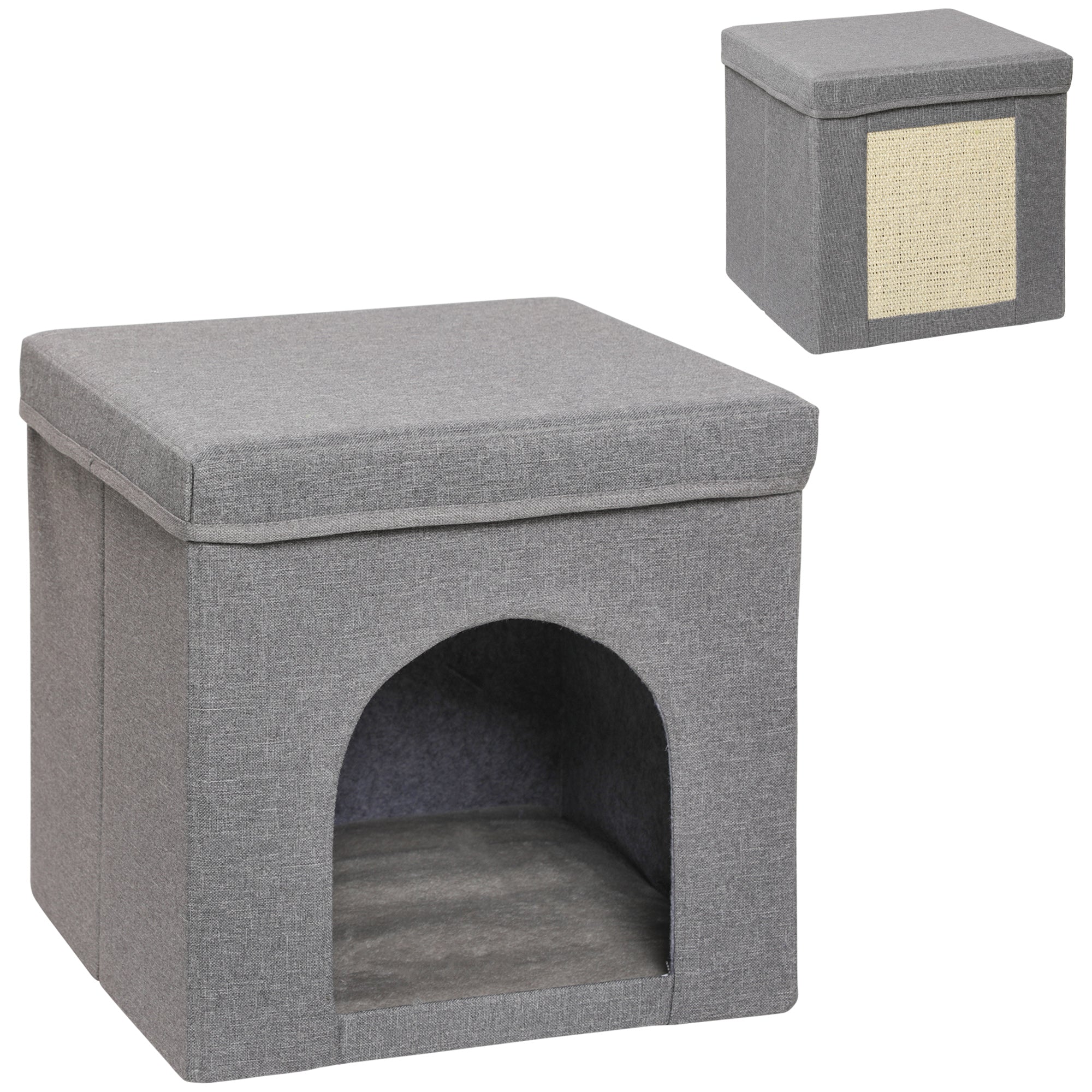 Foldable Cat House with Cushion and Scratching Mat, 36.5 x 36.5 x 36.5 cm, Grey