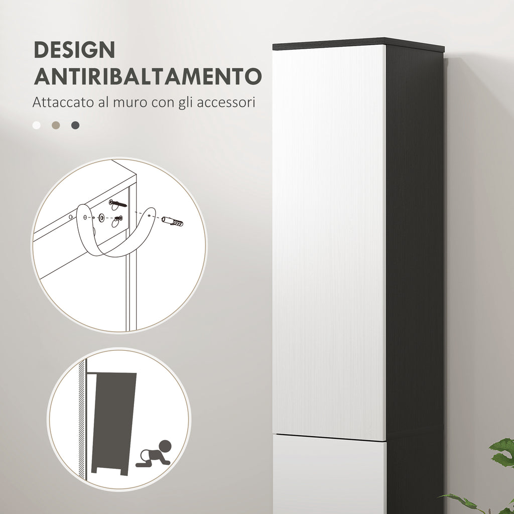 Space-saving Wooden Bathroom Column with 2 Cabinets and Drawer, 30x28x180 cm, Black