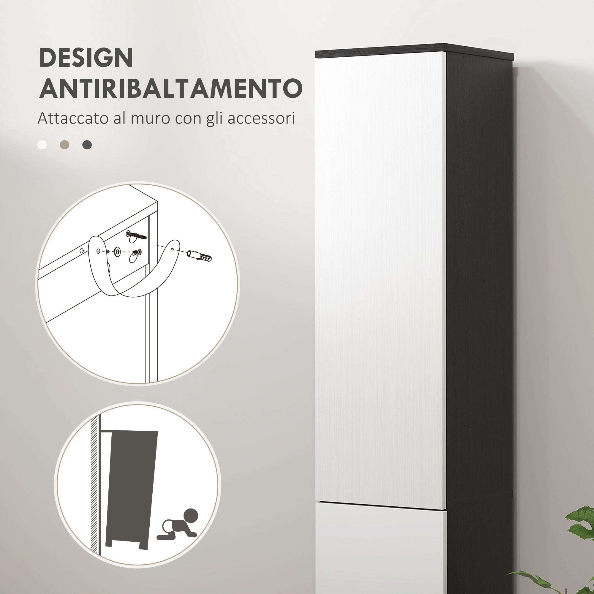 Space-saving Wooden Bathroom Column with 2 Cabinets and Drawer, 30x28x180 cm, Black