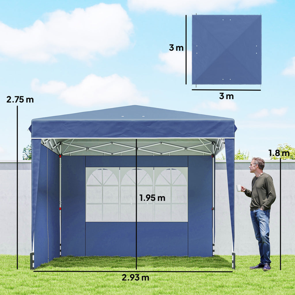 Outsunny 3x3m Folding Gazebo with Walls and Adjustable Height, UV Protection 50+, Dark Blue
