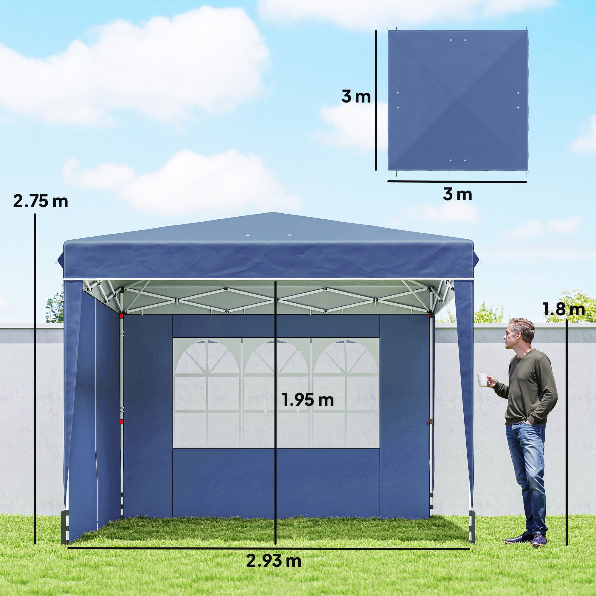 Outsunny 3x3m Folding Gazebo with Walls and Adjustable Height, UV Protection 50+, Dark Blue