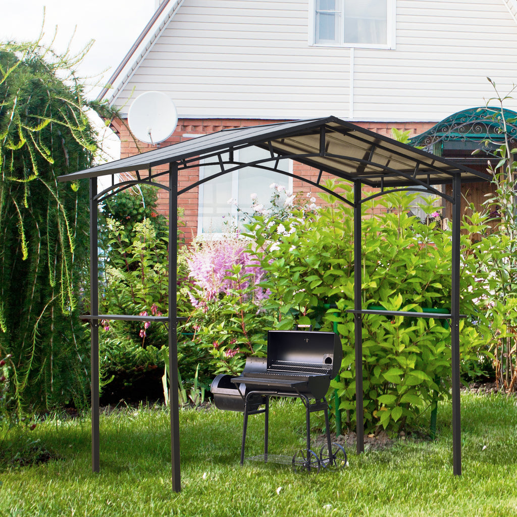 Garden Gazebo for Barbecue BBQ with PC Roof and Side Shelves, 246x149x230cm, Black