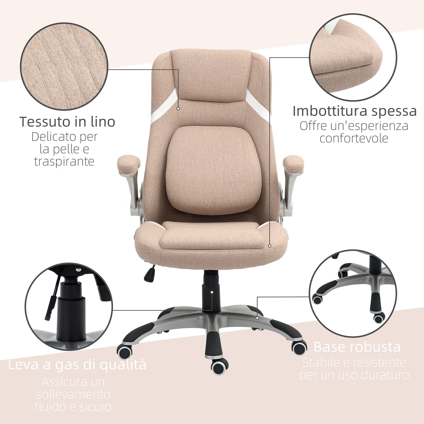 Height-Adjustable Height Fabric Recliner Office Chair, 68x76x109-117 cm, Light Brown