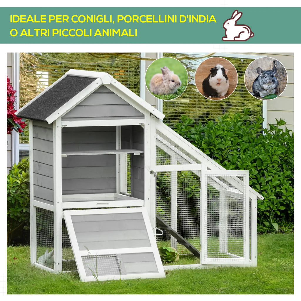 Wooden Rabbit Hutch with Open Area and Ramp, Rabbit Cage with Removable Bottom and Doors, 140x65x120 cm, Grey - Borge' Group Limited