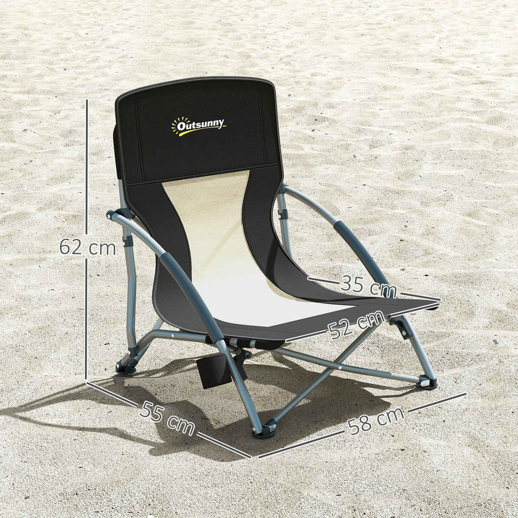 Outsunny Folding Beach Chair with Mesh Backrest and Cup Holder, Metal and Oxford Fabric, 58x55x62 cm, Black