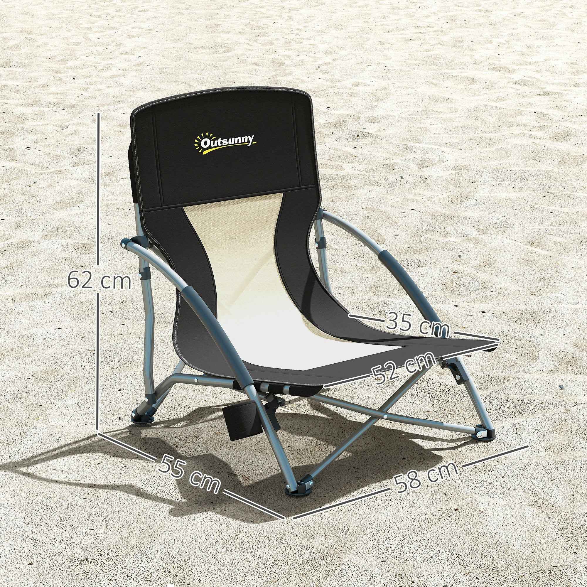 Outsunny Folding Beach Chair with Mesh Backrest and Cup Holder, Metal and Oxford Fabric, 58x55x62 cm, Black