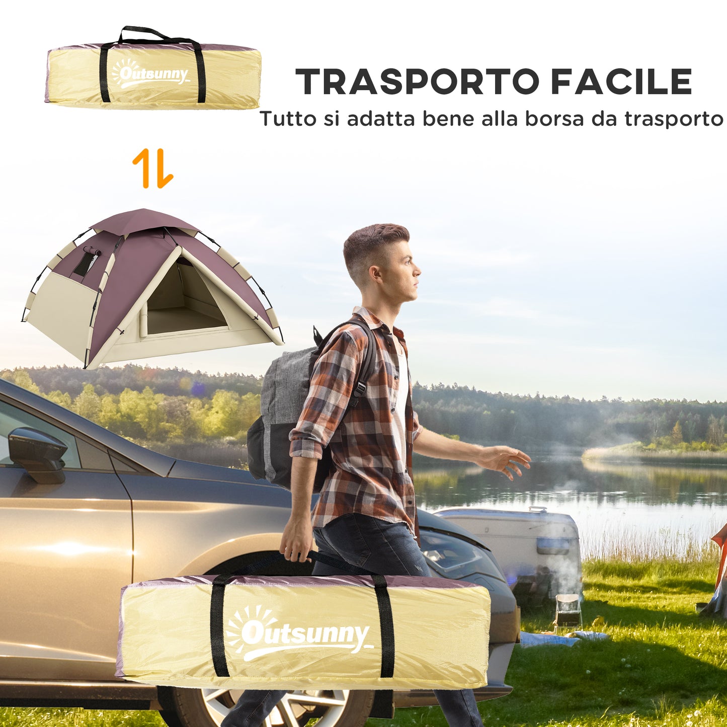 Outsunny 2-Person Camping Tent with 2 Windows and Hook, in Polyester and Fiberglass, 225x190x130 cm, Khaki - Borgè