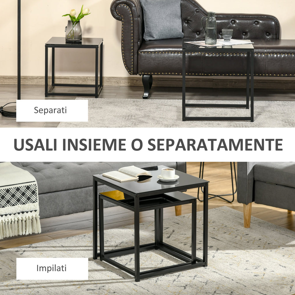 Homcom Set 2 Modern Square Living Room Tables, in steel and tempered glass, black - Borgè