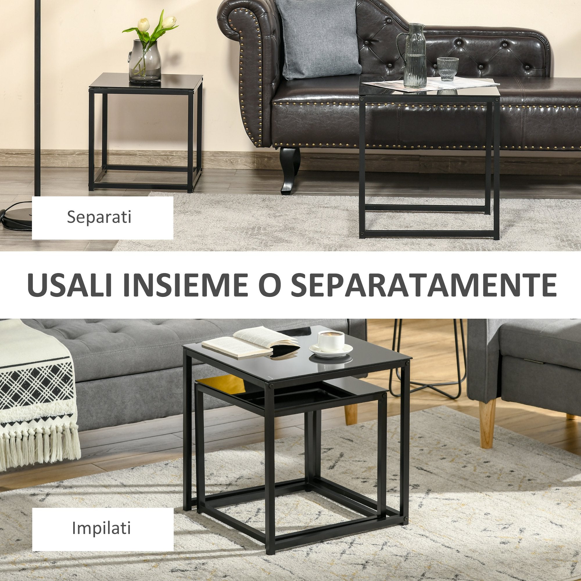 Homcom Set 2 Modern Square Living Room Tables, in steel and tempered glass, black - Borgè