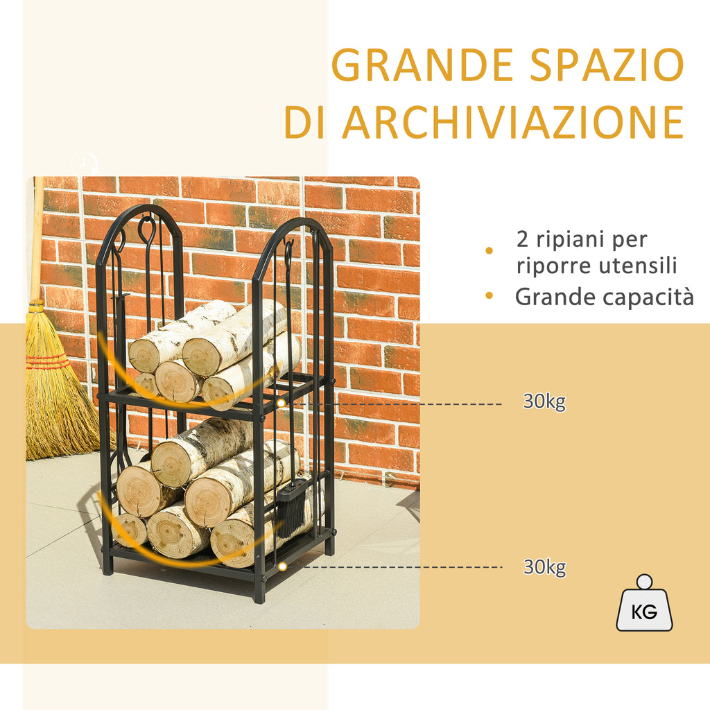 Metal Firewood Rack with Shovel, Broom, Poke Utensil and Tongs, 41.5x32. 5x74. 5 cm, Black