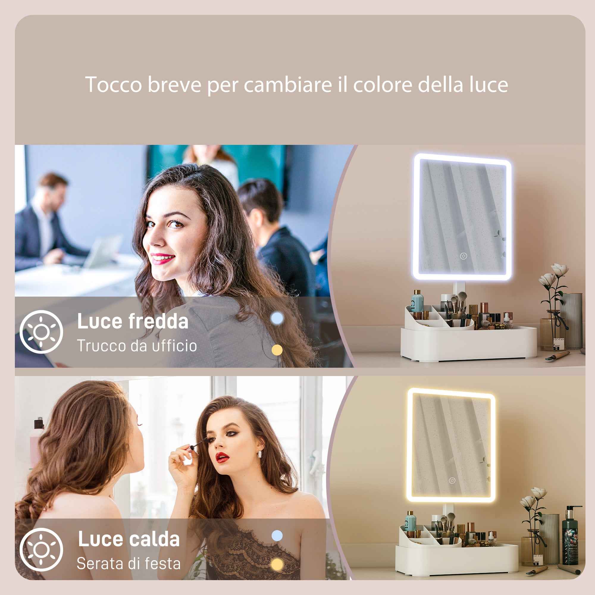 HOMCOM Makeup Mirror with 2-Level Adjustable Light, 180° Rotation and Makeup Organizer, White