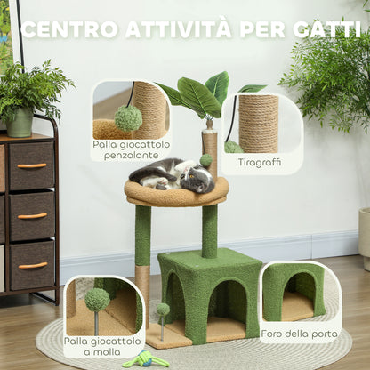 Cat Scratching Tree with House, Bed and 2 Balls, Made of Wood and Polyester, 44x30x98 cm, Green and Brown