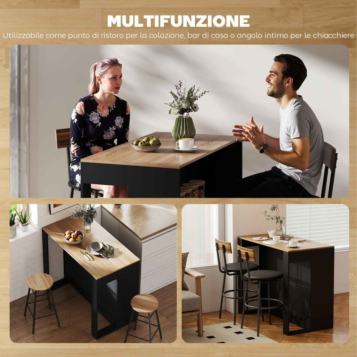 HOMCOM Kitchen Island Bar Counter with 3 Shelves for Living Room and Lounge, 113x60x90 cm, Black and Wood