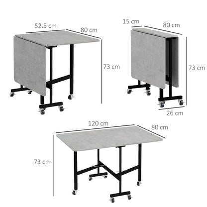 Foldable Drop-Leaf Table for 4-6 People with 6 Wheels, in Wood and Steel, 120x80x73 cm, Grey