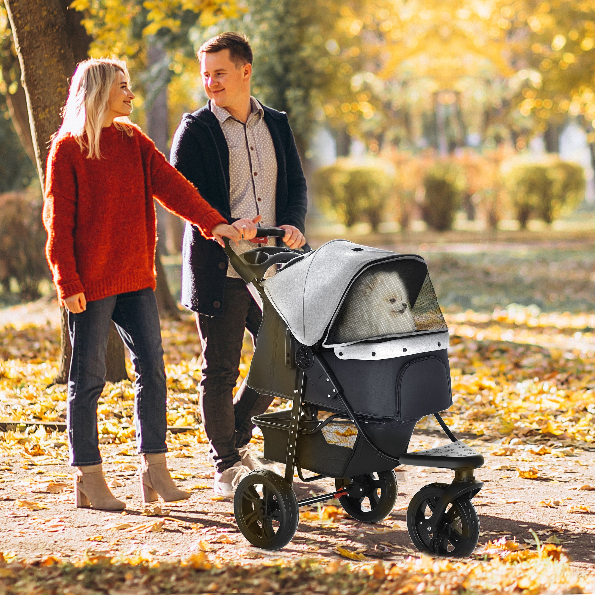 2-in-1 Folding 3-Wheel Dog Stroller with Brake, Storage Basket and Bottle Holder, Steel and Oxford, Grey and Black, 109.5x57.5x106.5cm