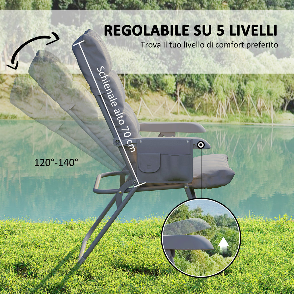 Folding and Adjustable Camping Chair on 5 Levels with Side Pockets, 66x58x105 cm, Light Gray