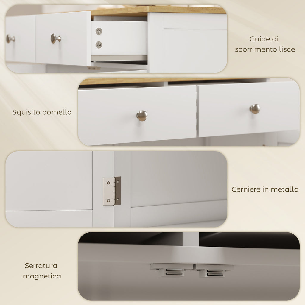 Low Sideboard with 2-Door Cabinet, Adjustable Shelves and 2 Drawers, White and Wood