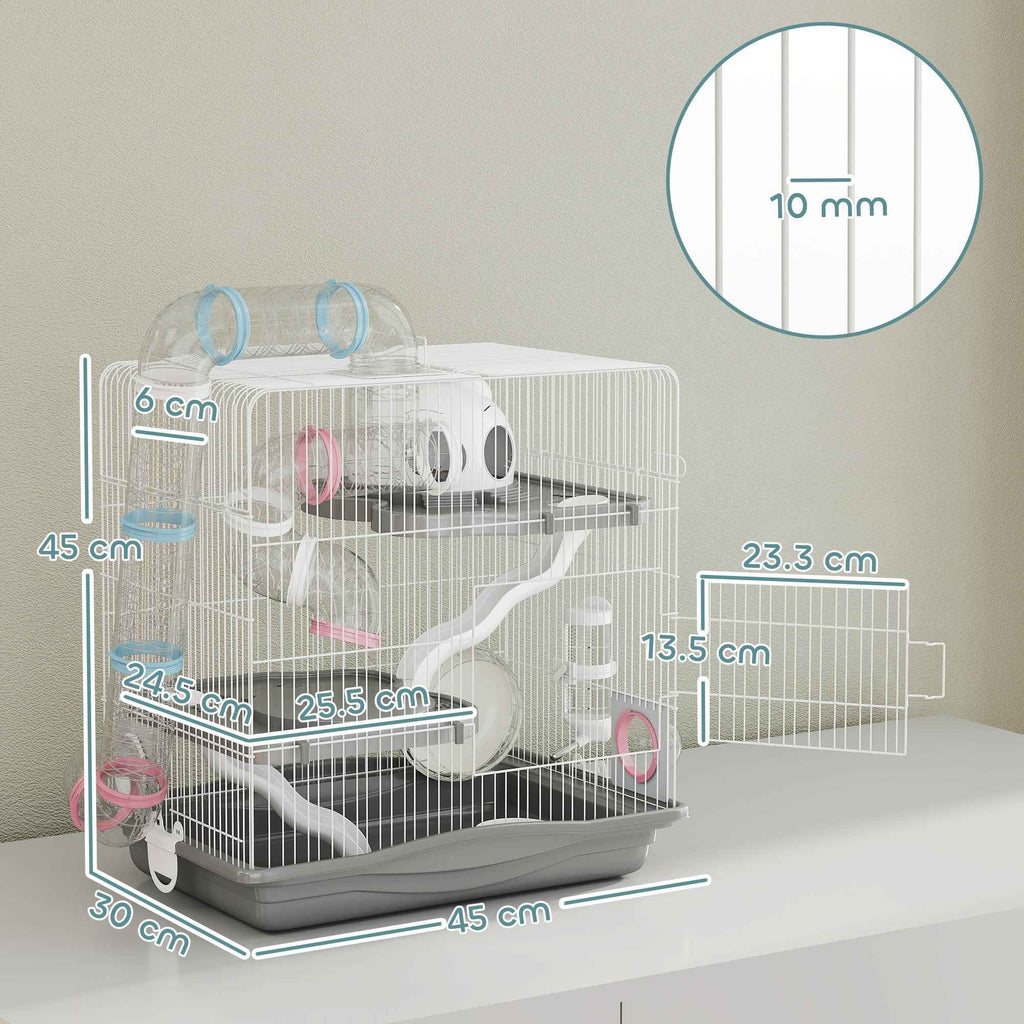 PawHut 3-Tier 14-Tube Hamster Cage with House, Ramp, and Accessories, Metal and Plastic, 45x30x45 cm, Grey