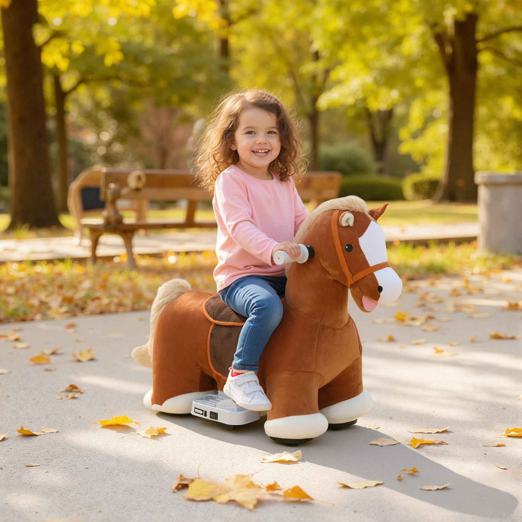 AIYAPLAY Electric Horse for Children with Pedals, Wheels and Sounds, Plush and Metal, 74x34x51 cm, Brown