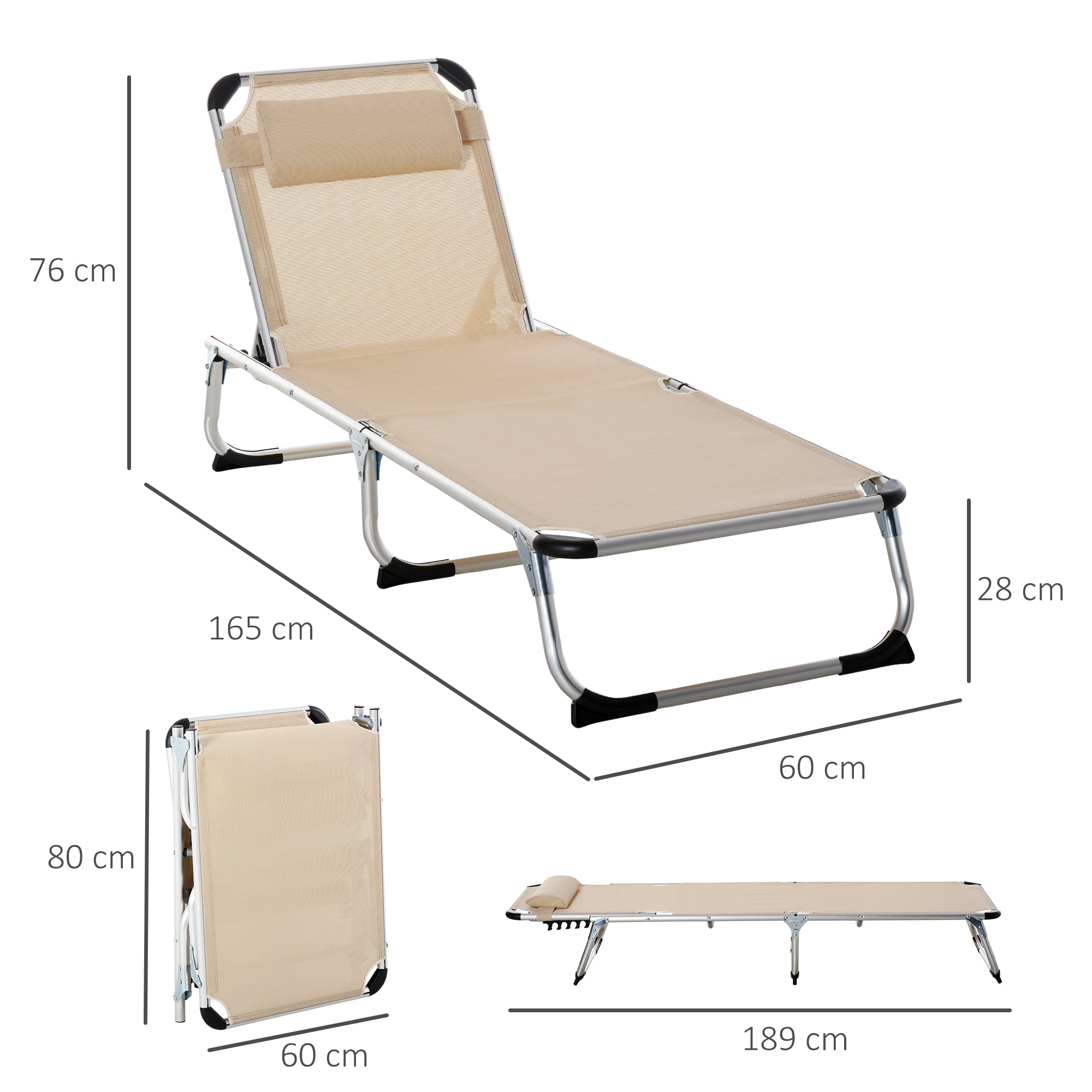 Outsunny Folding Deck Chair with Adjustable Headrest and Backrest in Aluminum, 60x165x76 cm, Beige