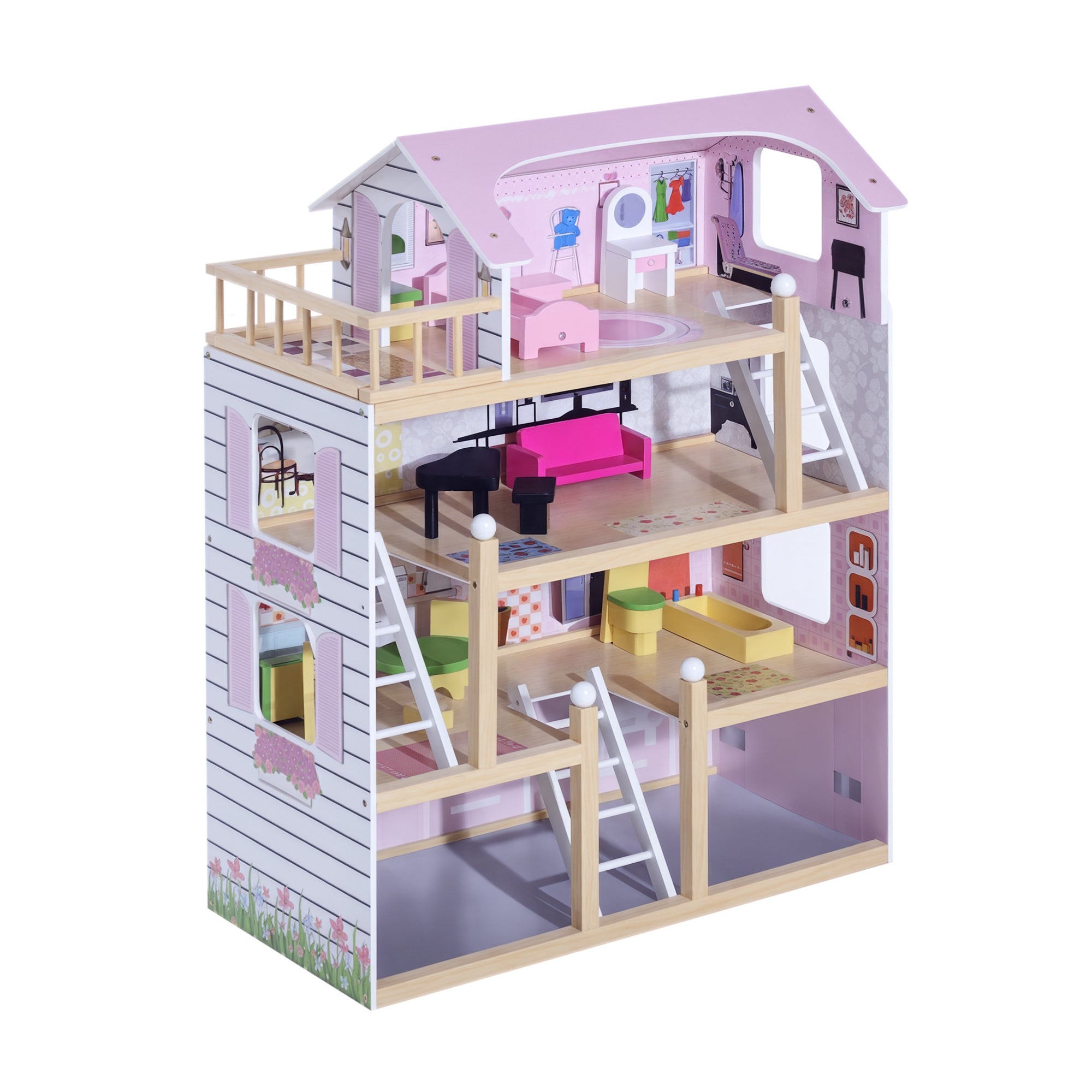 4-Story Dollhouse for Children Ages 3+, Pine Wood and MDF, with 13 Accessories, Pink, 60x30x80 cm
