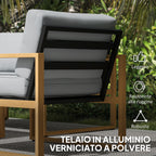 4 Piece Garden Set with 2 Armchairs, Sofa and Coffee Table, in Aluminum and Fiber, Gray and Wood Color