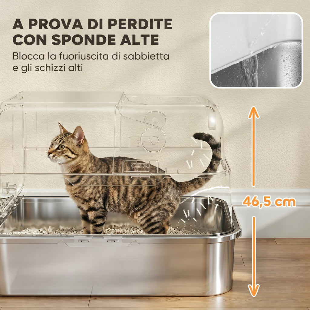 PawHut 52L Stainless Steel Enclosed Cat Litter Box with Flip Lid, Double Door, Scoop, White