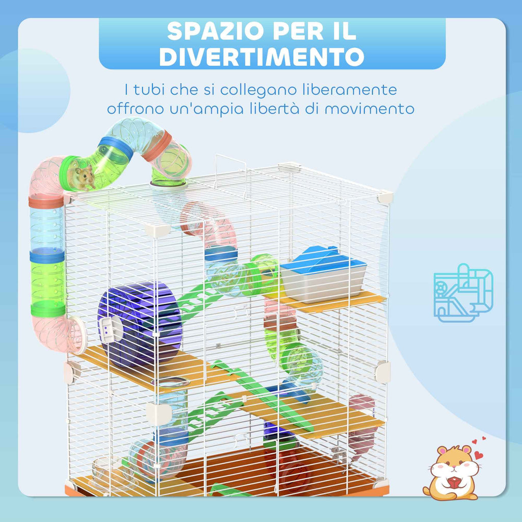PawHut 5-Level Hamster Cage with Tubes, Wheel, Ladders, House and Bottle, 46x30x58 cm, Orange