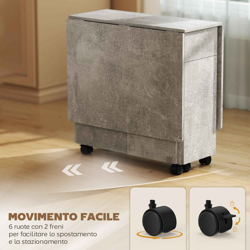 HOMCOM Folding Dining Table on Wheels with 2 Drawers, 2 Doors and Cabinet, Wooden, 140x76x74 cm, Cement Grey