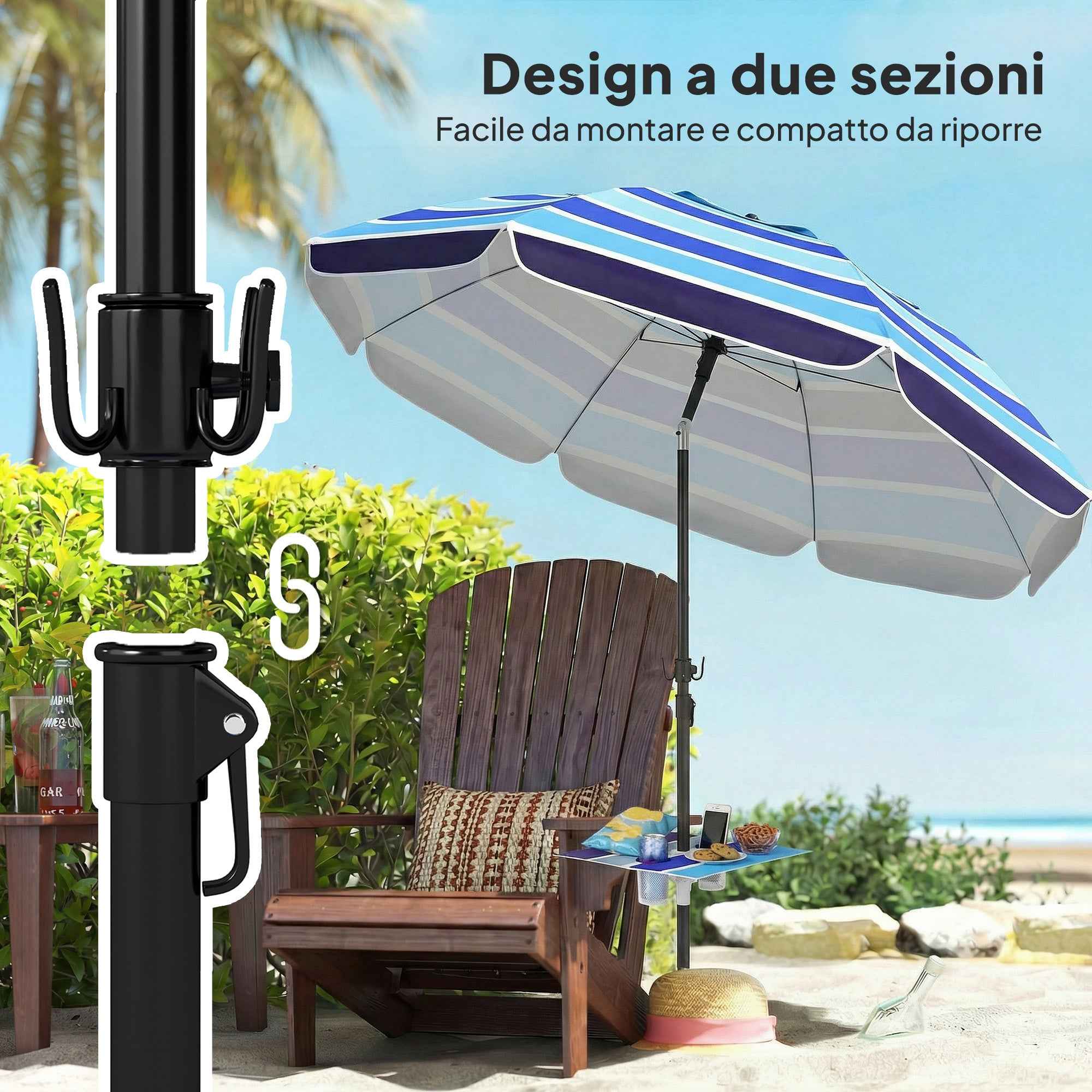 Outsunny Beach Umbrella with Table and Cup Holder, Metal and Polyester, Ø198x214 cm, Multicolored