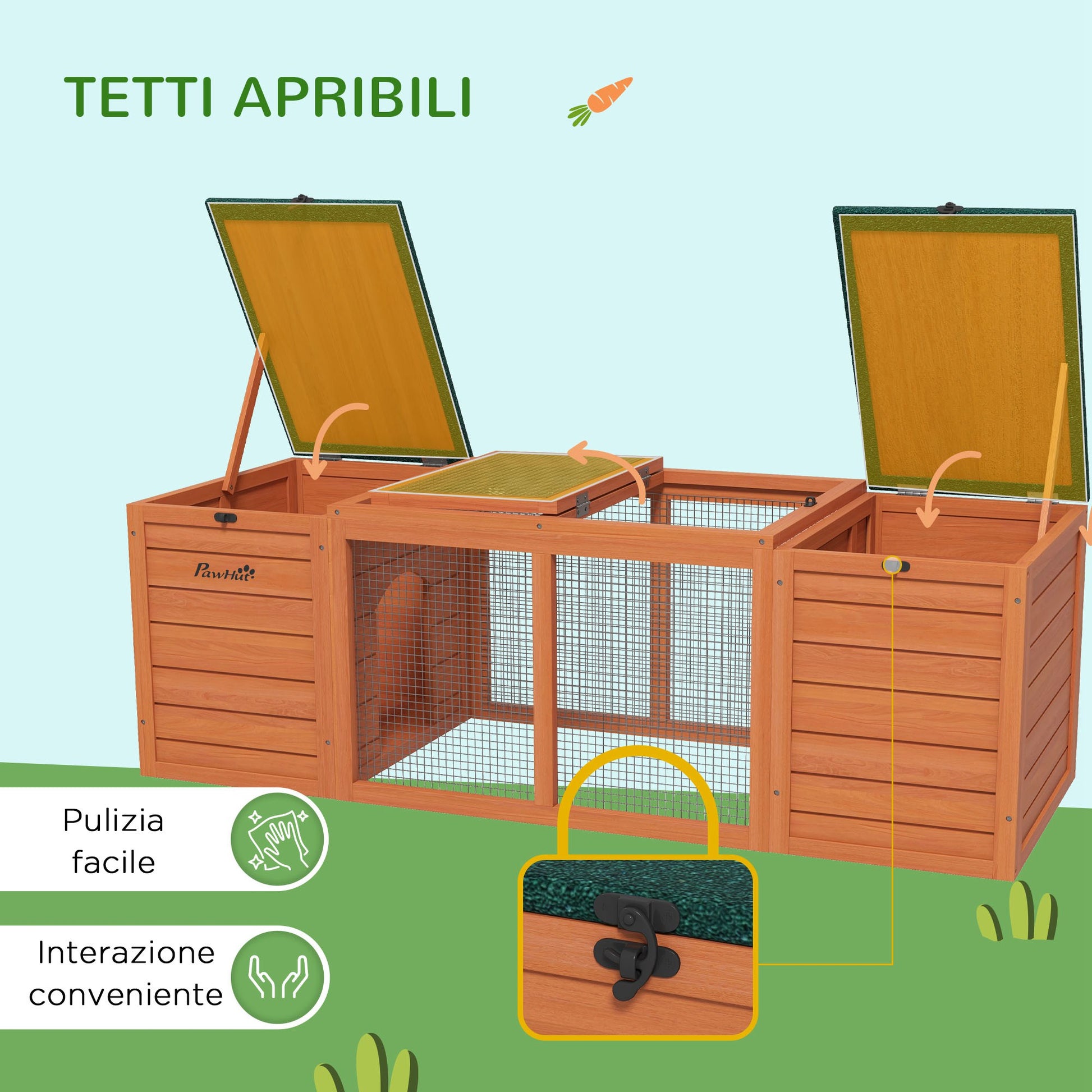 Wooden Hutch with 2 Houses, Central Fence and Opening Roof, 140x52x46cm, Orange - Borgè