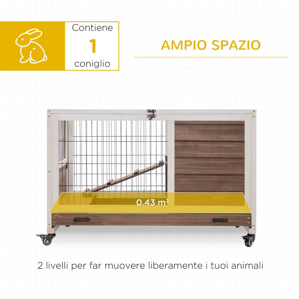 Wooden Rabbit Hutch with 4 Wheels, Rabbit House and Ramp, 90x53x59cm, Brown