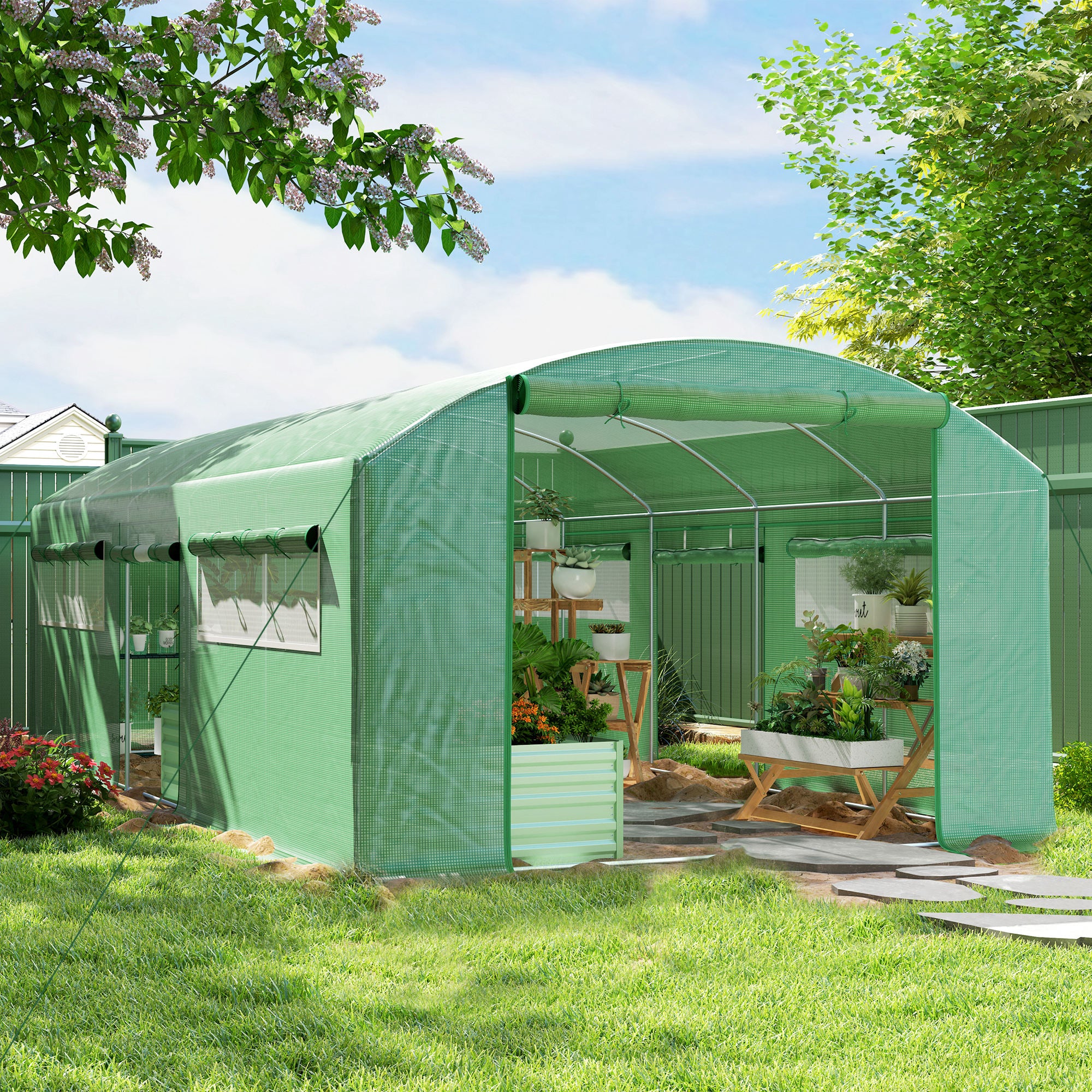 unnel Greenhouse with 3 Roller Doors and 6 Windows, in Galvanized Steel and PE, 6x3x2 m, Green
