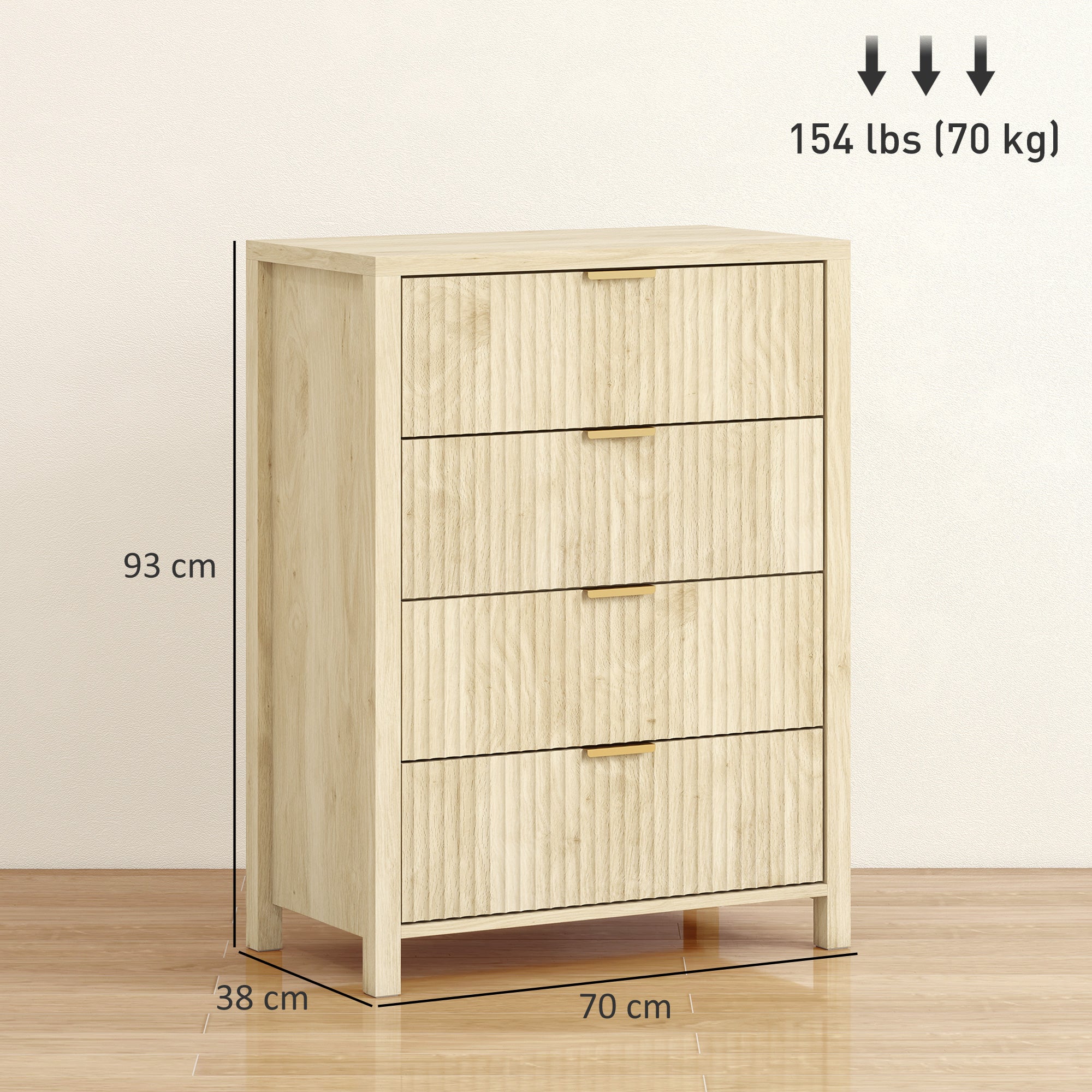 Chest of Drawers with 4 Grooved Drawers and Golden Handles, 70x38x93 cm, Natural Wood