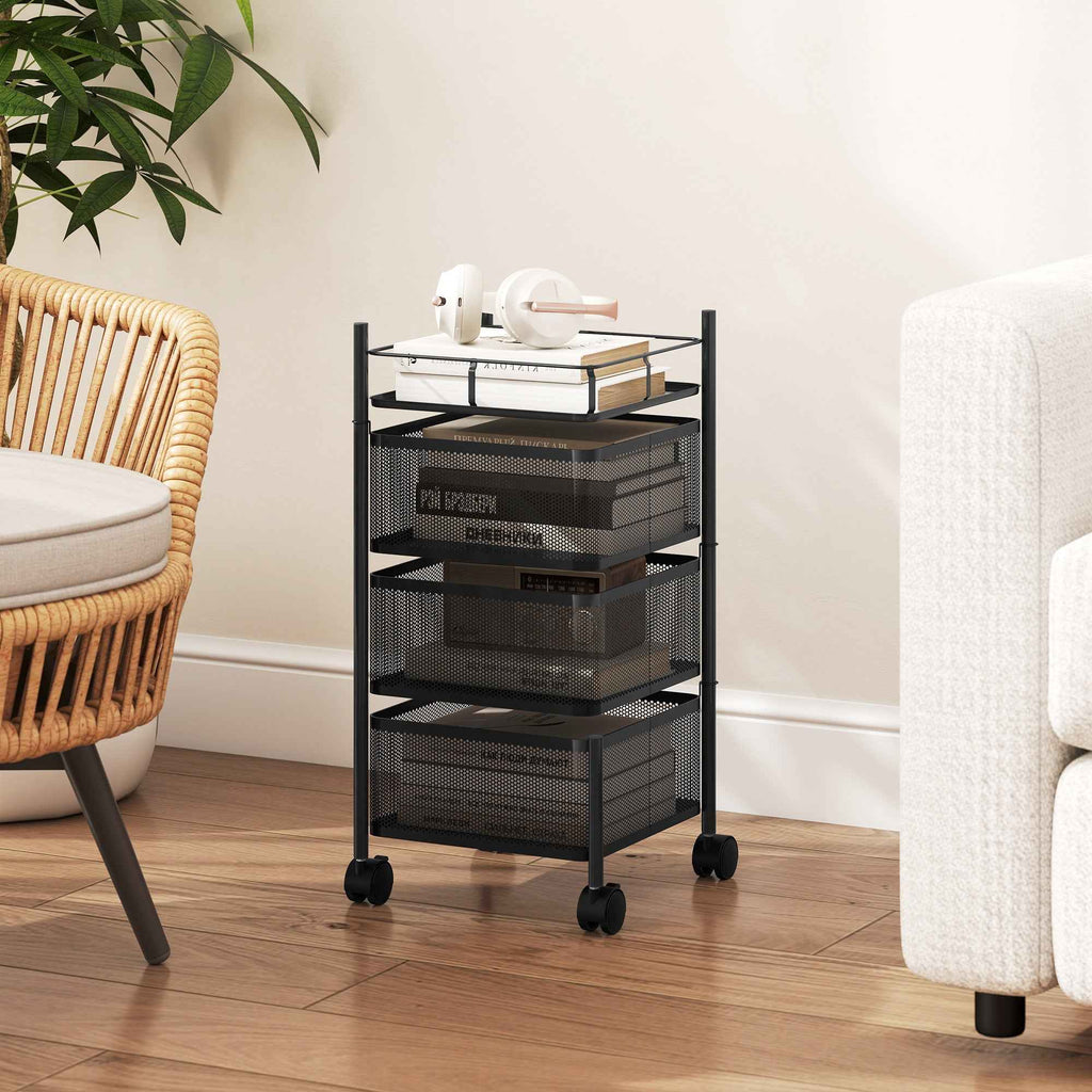 HOMCOM 3-Tier Kitchen Cart with Rotating Metal Baskets, Wheels and Brake, 27.5 x 27.5 x 62 cm, Black